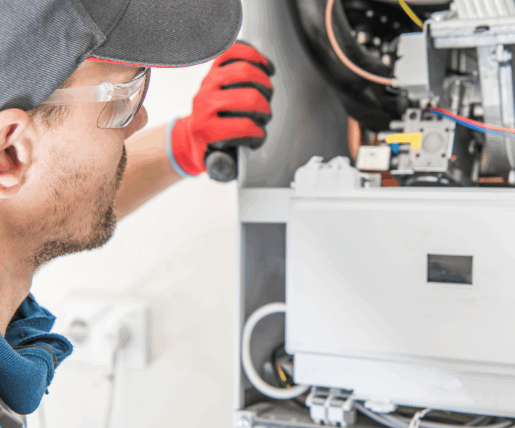 HVAC technician repairing heating unit
